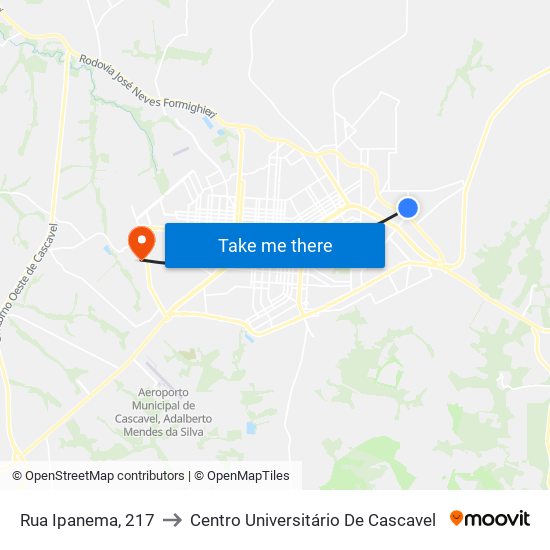 Rua Ipanema, 217 to Centro Universitário De Cascavel map