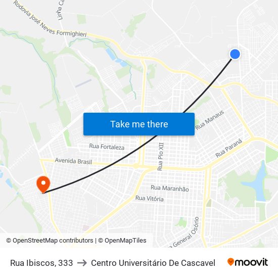 Rua Ibiscos, 333 to Centro Universitário De Cascavel map