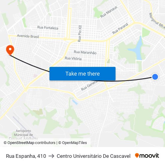 Rua Espanha, 410 to Centro Universitário De Cascavel map