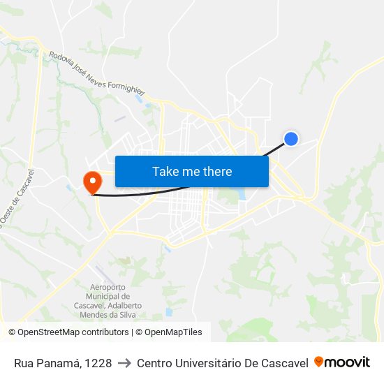 Rua Panamá, 1228 to Centro Universitário De Cascavel map