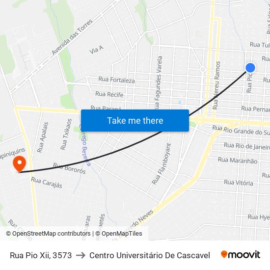 Rua Pio Xii, 3573 to Centro Universitário De Cascavel map