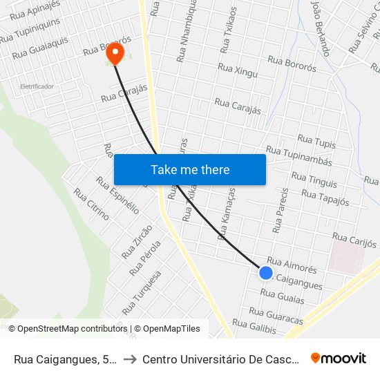 Rua Caigangues, 558 to Centro Universitário De Cascavel map
