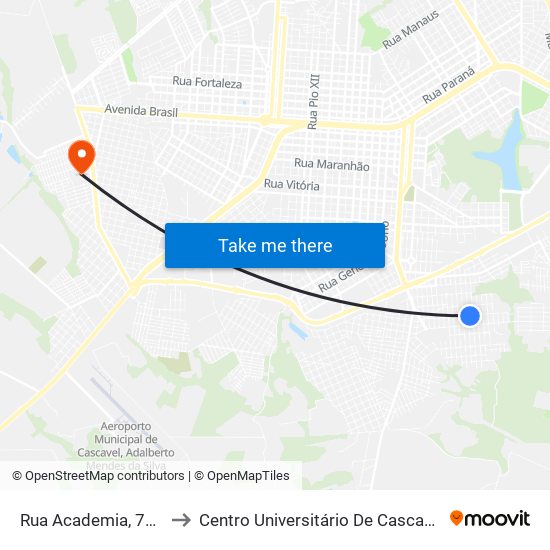 Rua Academia, 775 to Centro Universitário De Cascavel map