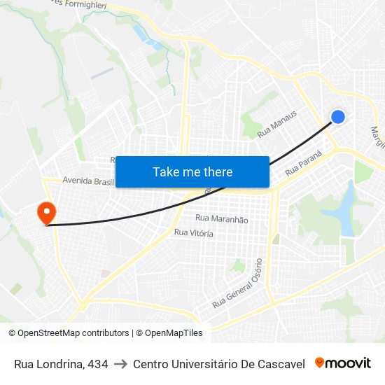 Rua Londrina, 434 to Centro Universitário De Cascavel map