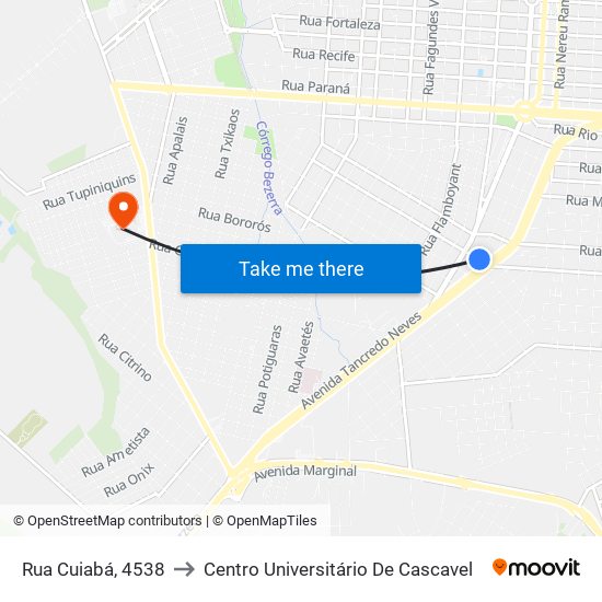 Rua Cuiabá, 4538 to Centro Universitário De Cascavel map