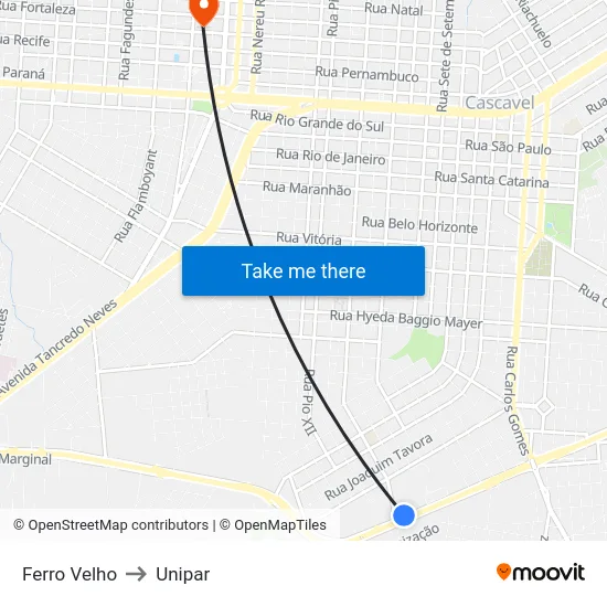 Ferro Velho to Unipar map