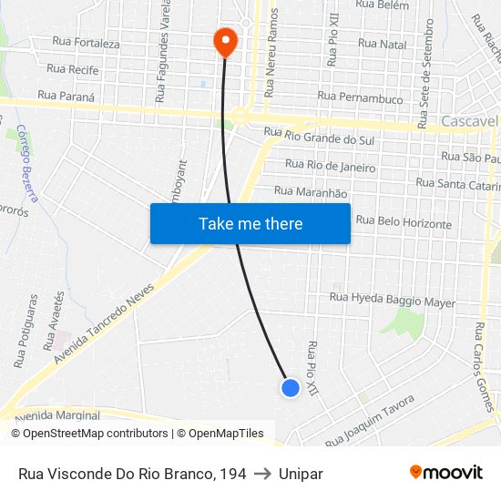 Rua Visconde Do Rio Branco, 194 to Unipar map