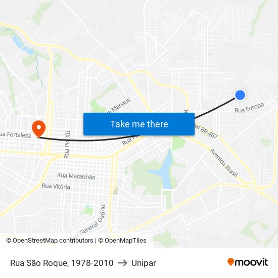 Rua São Roque, 1978-2010 to Unipar map