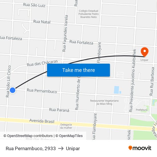 Rua Pernambuco, 2933 to Unipar map
