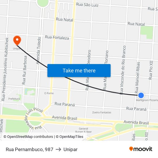 Rua Pernambuco, 987 to Unipar map