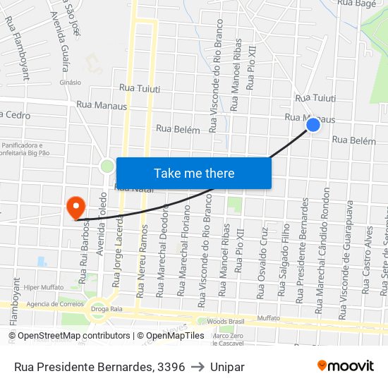 Rua Presidente Bernardes, 3396 to Unipar map