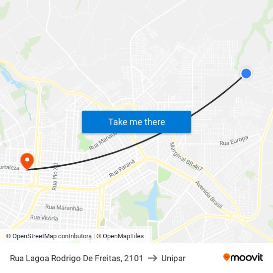 Rua Lagoa Rodrigo De Freitas, 2101 to Unipar map