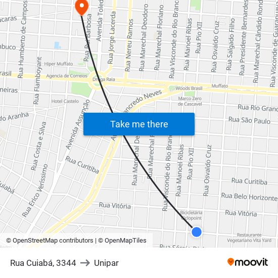 Rua Cuiabá, 3344 to Unipar map