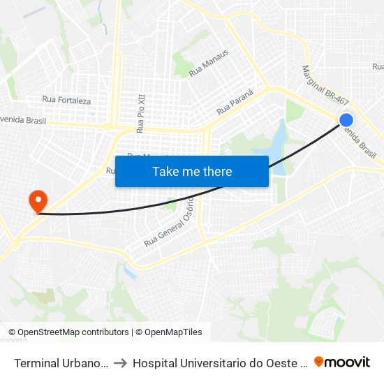 Terminal Urbano Leste to Hospital Universitario do Oeste do Paraná map