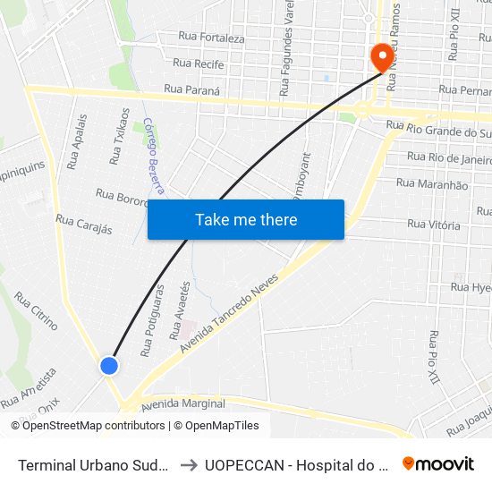 Terminal Urbano Sudoeste to UOPECCAN - Hospital do câncer map