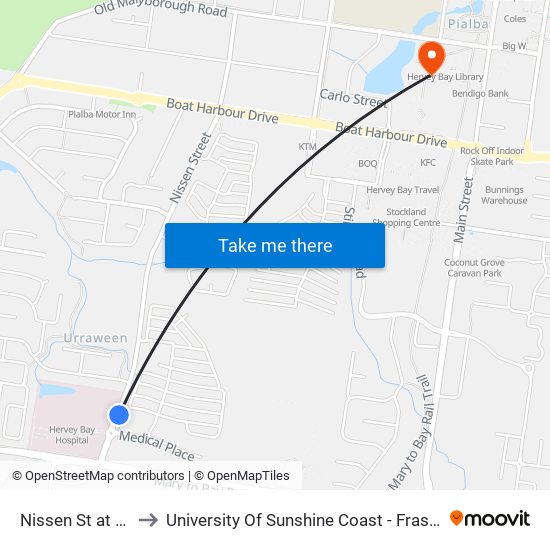 Nissen St at Hospital to University Of Sunshine Coast - Fraser Coast Campus map