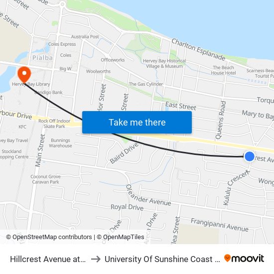 Hillcrest Avenue at Kululu Crescent to University Of Sunshine Coast - Fraser Coast Campus map