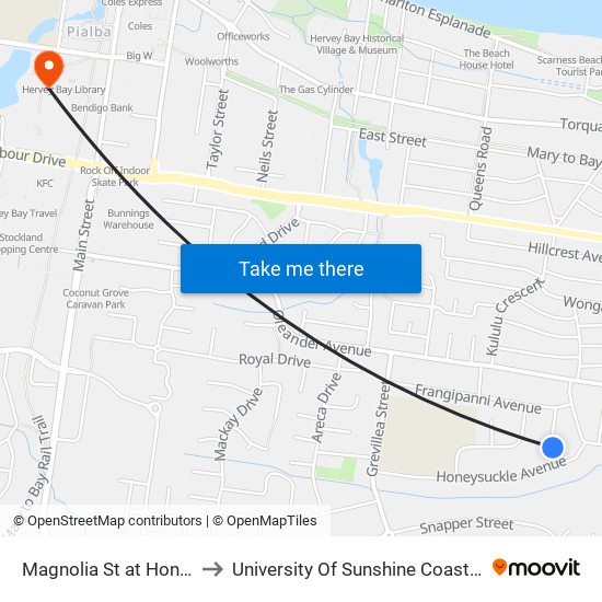 Magnolia St at Honeysuckle Avenue to University Of Sunshine Coast - Fraser Coast Campus map