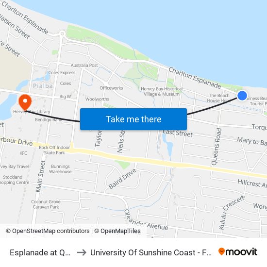 Esplanade at Queens Road to University Of Sunshine Coast - Fraser Coast Campus map