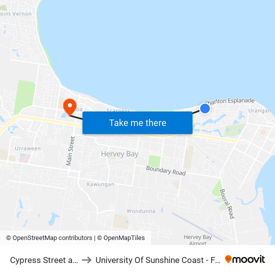 Cypress Street at Ann Street to University Of Sunshine Coast - Fraser Coast Campus map