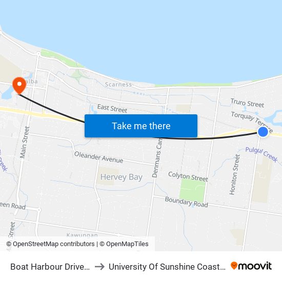 Boat Harbour Drive at Robert Street to University Of Sunshine Coast - Fraser Coast Campus map