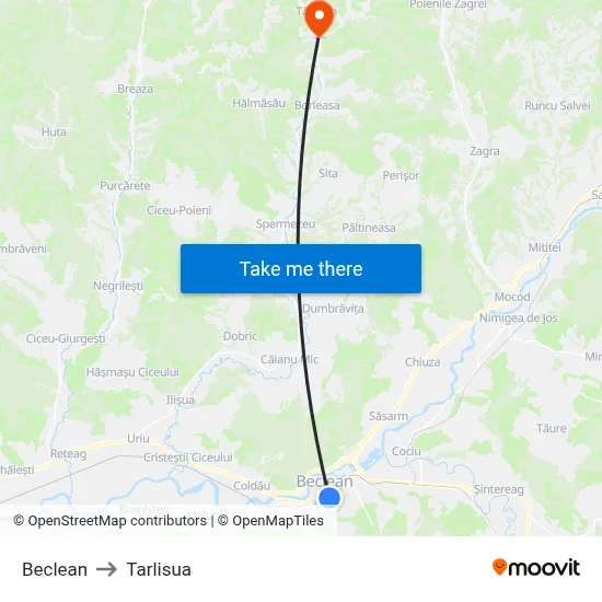 Beclean to Tarlisua map