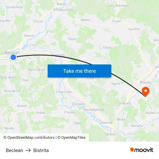 Beclean to Bistrita map