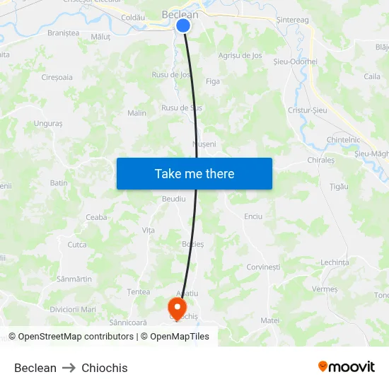 Beclean to Chiochis map
