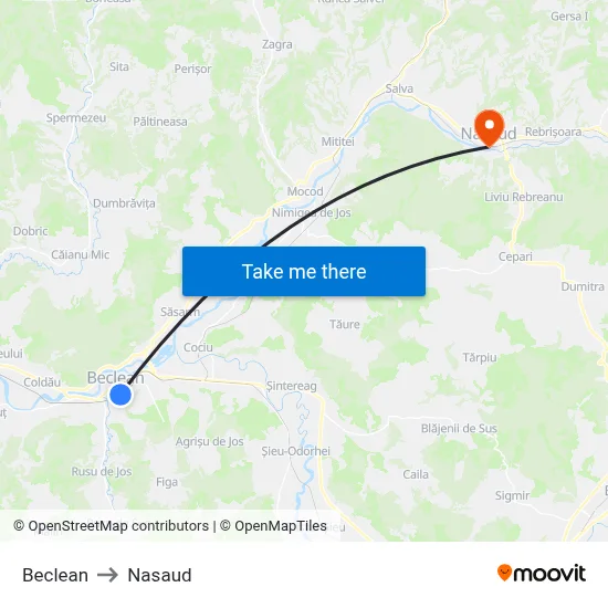 Beclean to Nasaud map