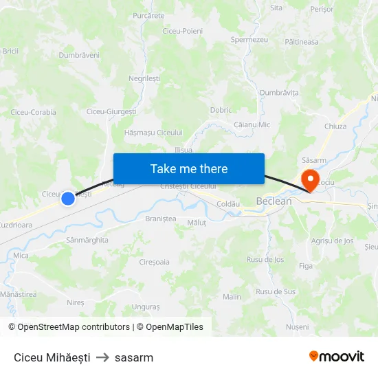 Ciceu Mihăești to sasarm map
