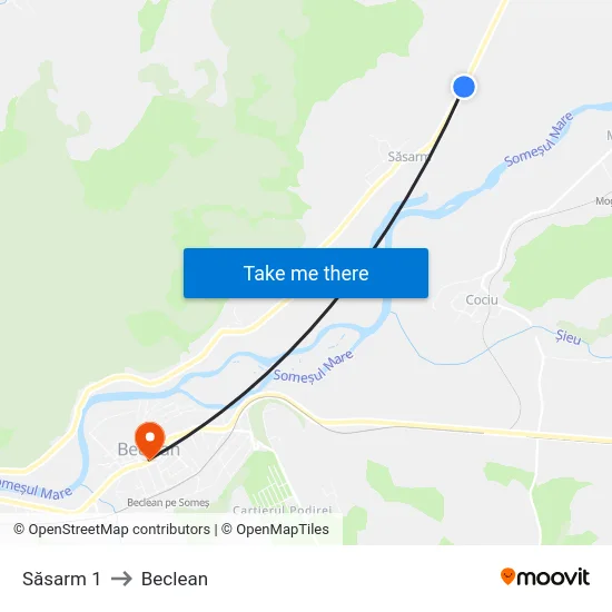 Săsarm 1 to Beclean map