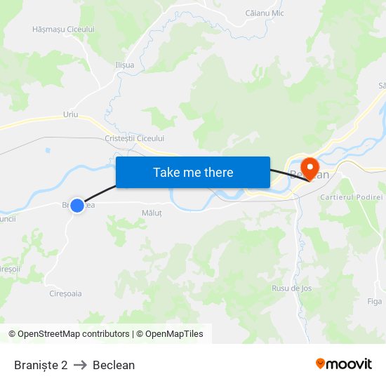 Braniște 2 to Beclean map