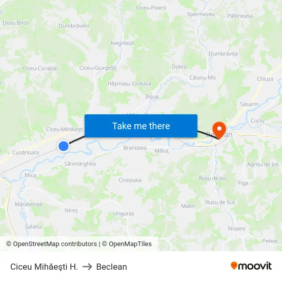 Ciceu Mihăeşti H. to Beclean map