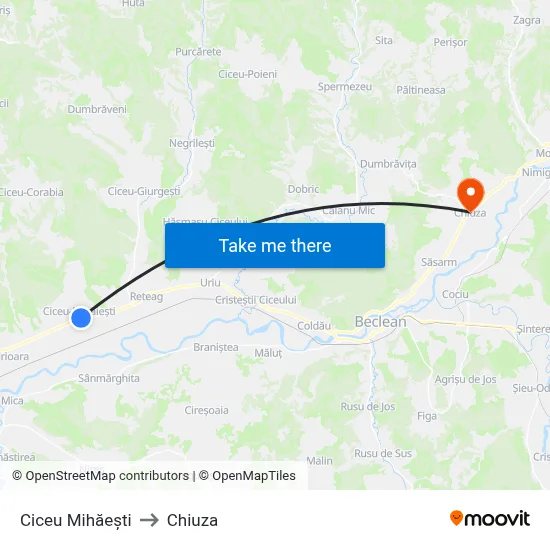 Ciceu Mihăești to Chiuza map