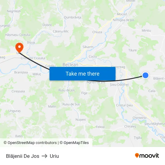 Blăjenii De Jos to Uriu map
