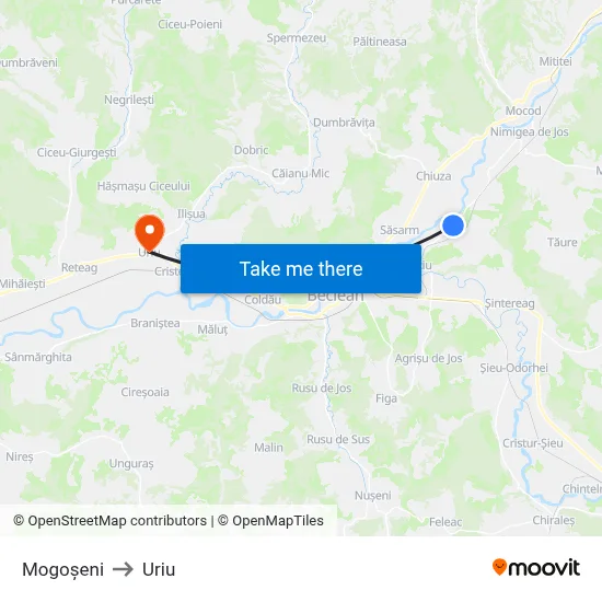Mogoșeni to Uriu map