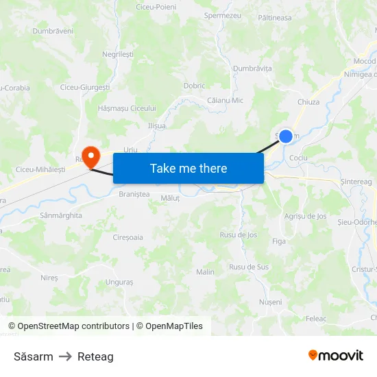 Săsarm to Reteag map