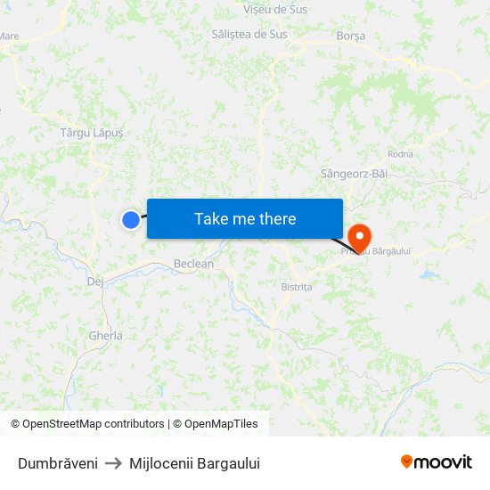 Dumbrăveni to Mijlocenii Bargaului map