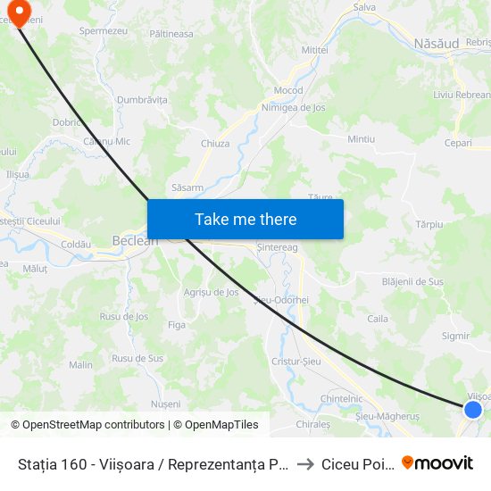 Stația 160 - Viișoara / Reprezentanța Peugeot to Ciceu Poieni map