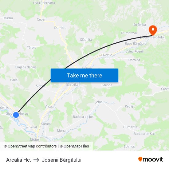 Arcalia Hc. to Josenii Bârgăului map