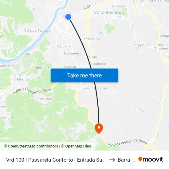 Vrd-100 | Passarela Conforto - Entrada Sudoeste C.S.N., Volta Redonda to Barra Mansa map