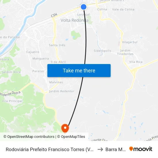 Rodoviária Prefeito Francisco Torres (Volta Redonda) to Barra Mansa map