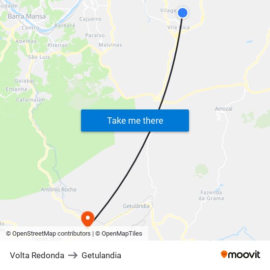 Volta Redonda to Getulandia map