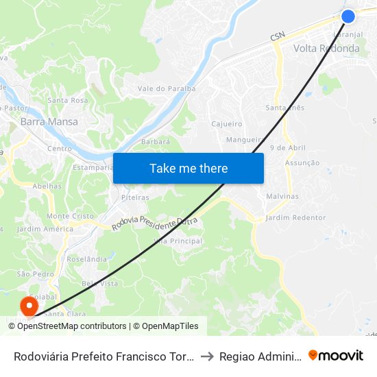 Rodoviária Prefeito Francisco Torres (Volta Redonda) to Regiao Administrativa IX map