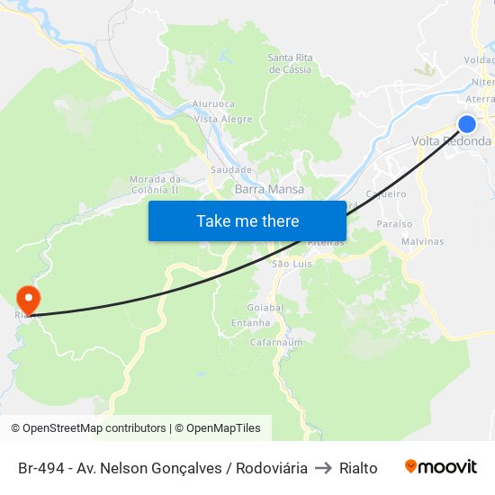 Br-494 - Av. Nelson Gonçalves / Rodoviária to Rialto map