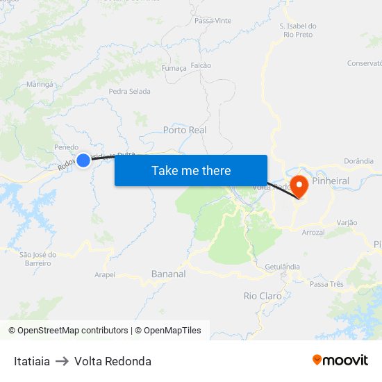 Itatiaia to Volta Redonda map