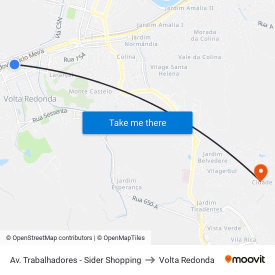 Av. Trabalhadores - Sider Shopping to Volta Redonda map