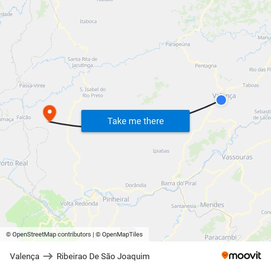 Valença to Ribeirao De São Joaquim map