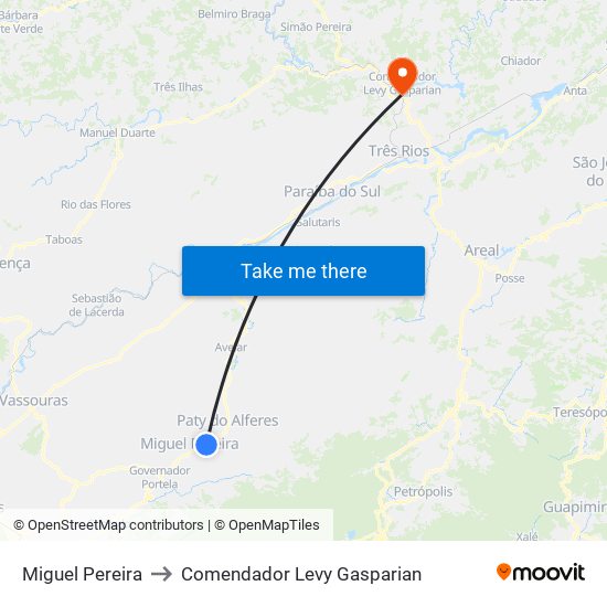 Miguel Pereira to Comendador Levy Gasparian map