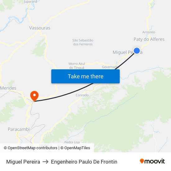 Miguel Pereira to Engenheiro Paulo De Frontin map